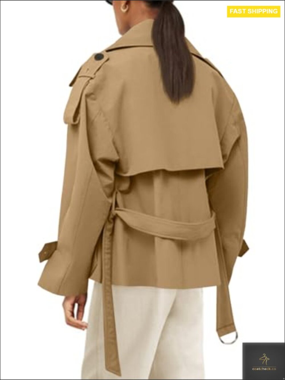 Cropped Trench Coat Double Breasted Short Jacket Windproof Belted Fall Fashion - Picture 4 of 7